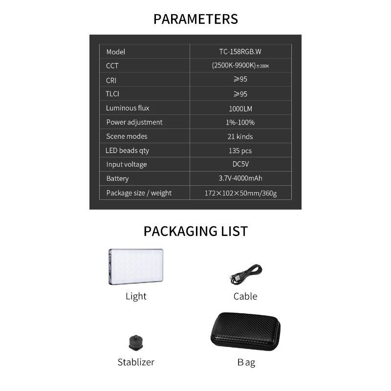 NiceFoto T158rgbw Small RGB LED Light 2500k-9900k Bi-Color Cri95 Tlci95 Fill Light Panel for Live Streaming and Video Conferencing - Image 3