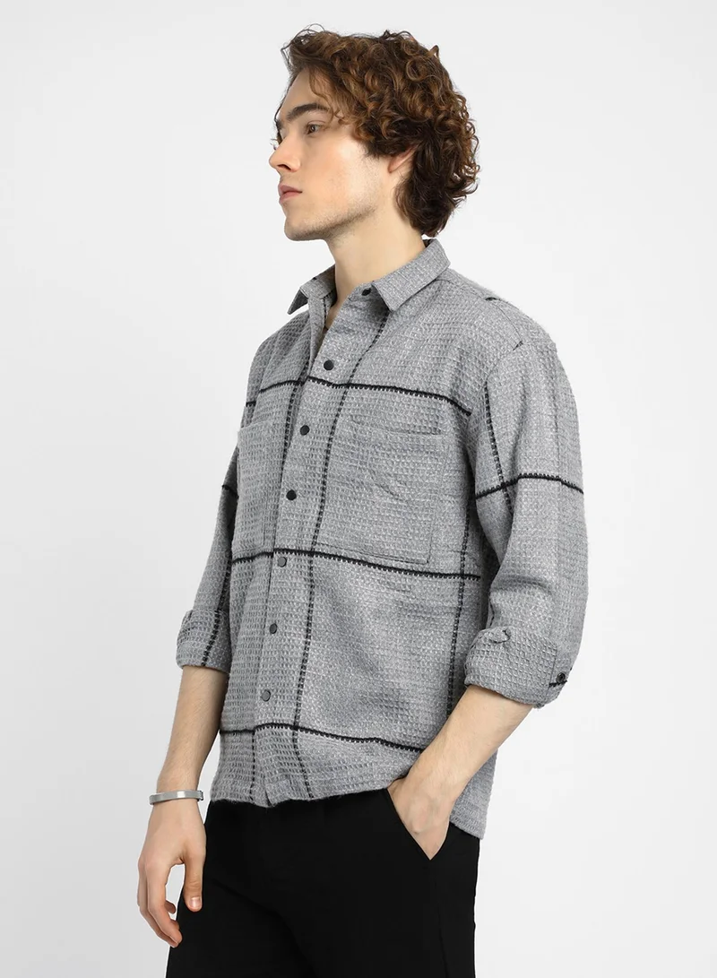 Campus Sutra Men's Moon Grey Graph-Check Waffle Overshirt