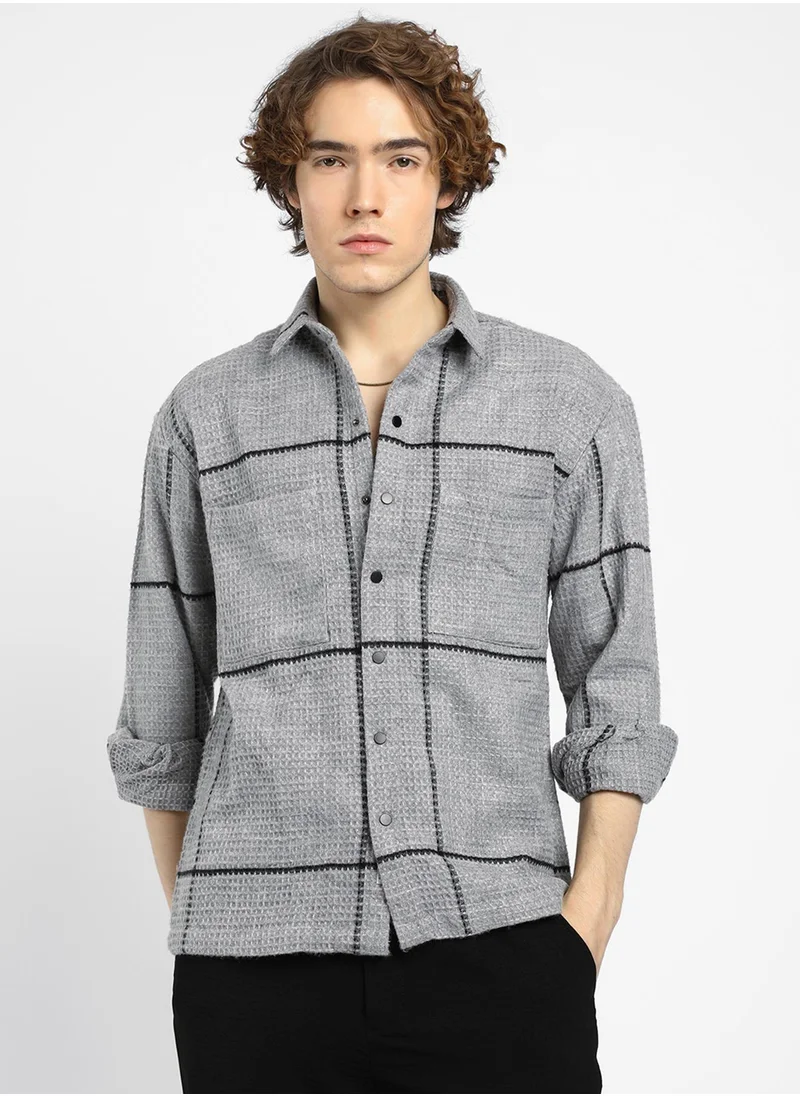 Campus Sutra Men's Moon Grey Graph-Check Waffle Overshirt
