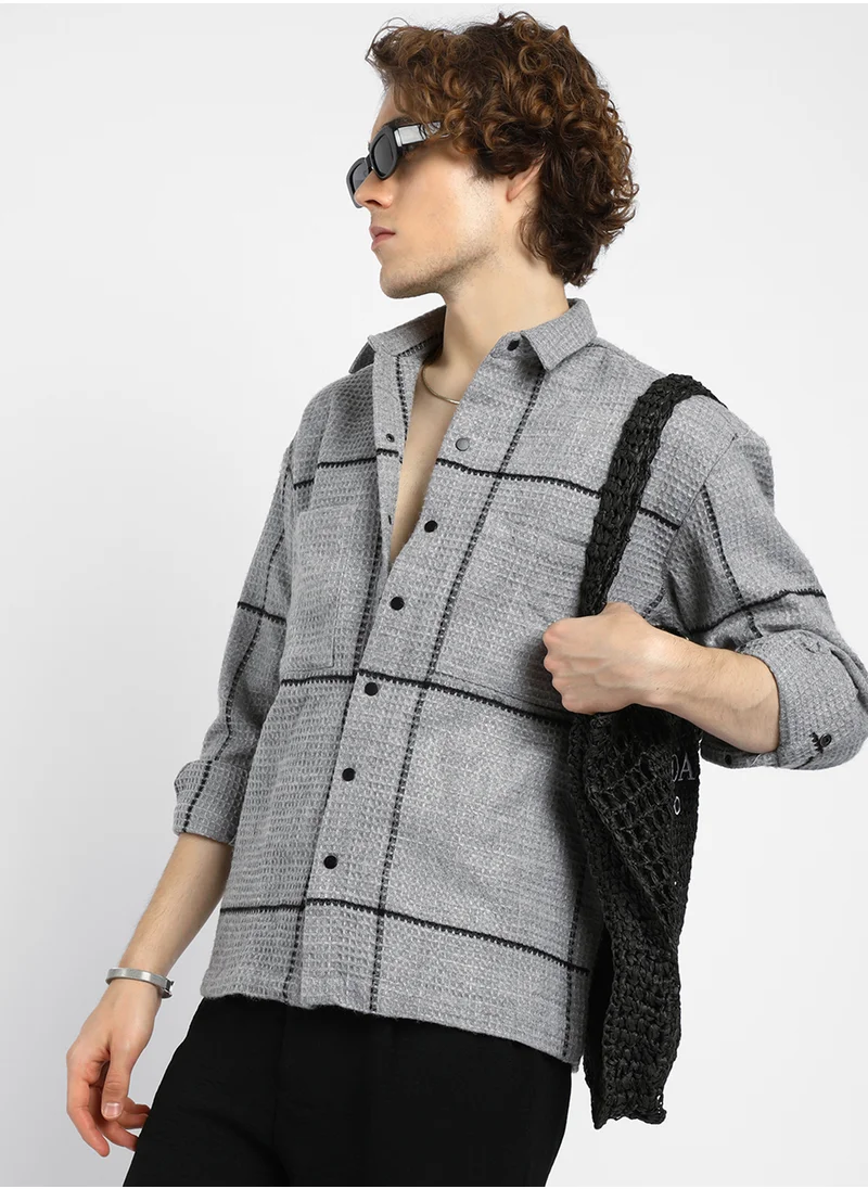 Campus Sutra Men's Moon Grey Graph-Check Waffle Overshirt