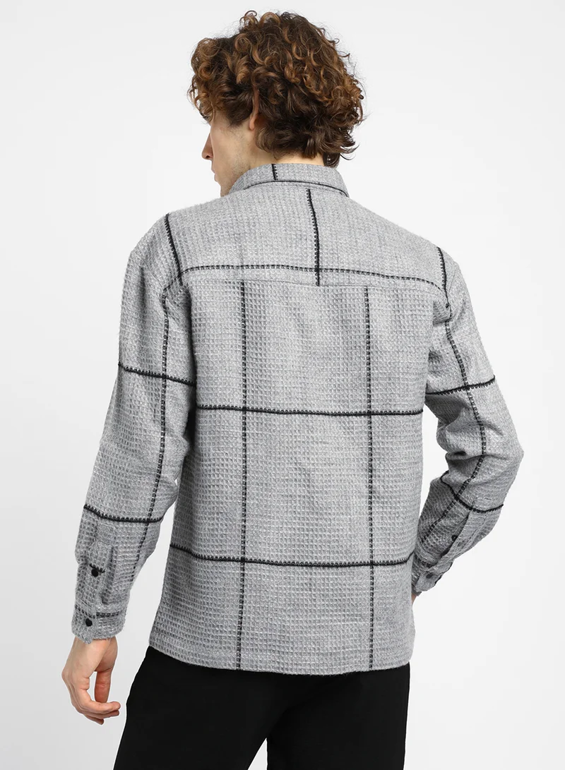 Campus Sutra Men's Moon Grey Graph-Check Waffle Overshirt