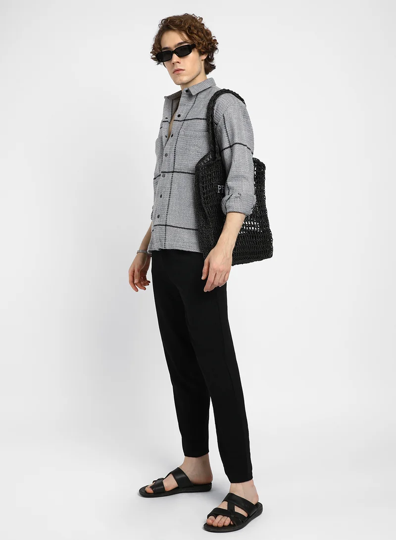 Campus Sutra Men's Moon Grey Graph-Check Waffle Overshirt