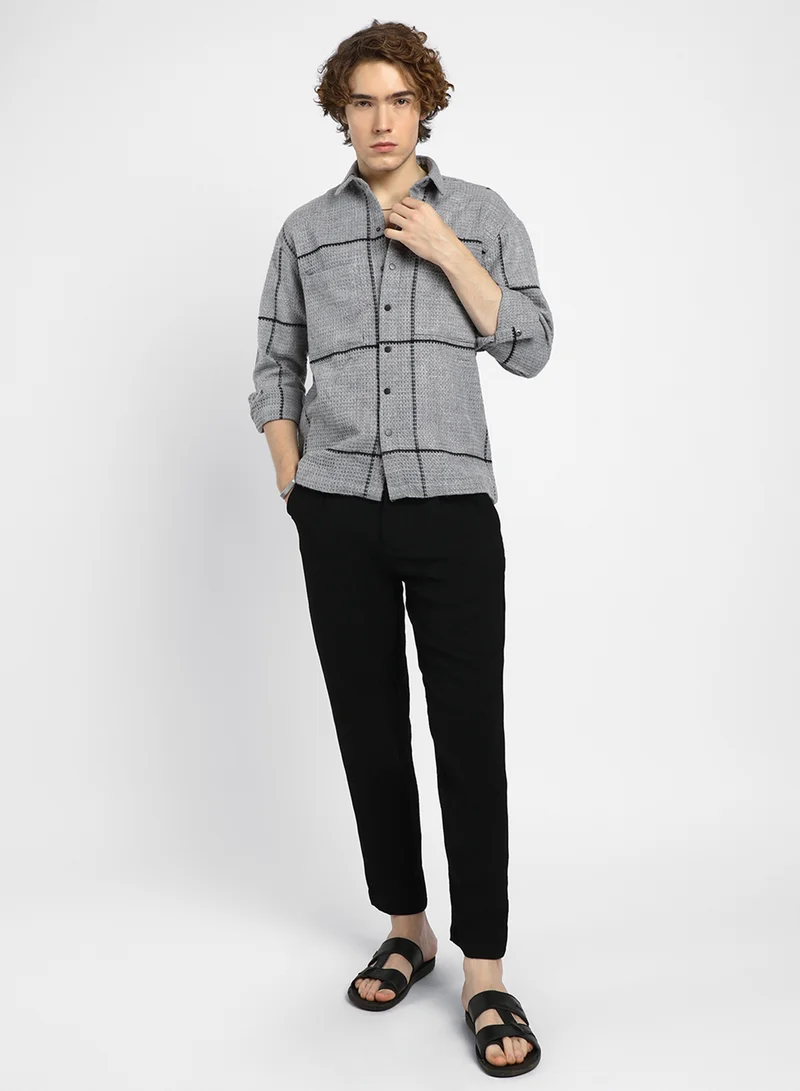 Campus Sutra Men's Moon Grey Graph-Check Waffle Overshirt