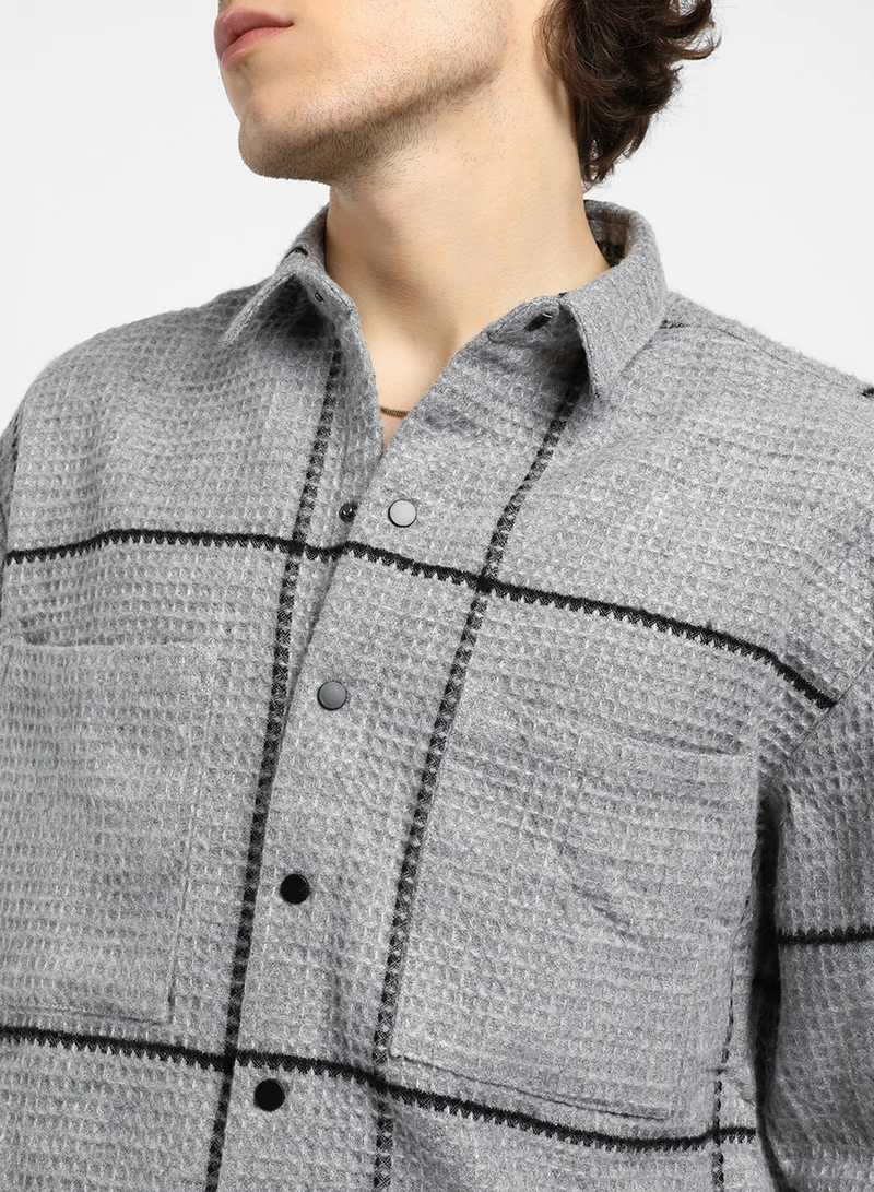 Campus Sutra Men's Moon Grey Graph-Check Waffle Overshirt