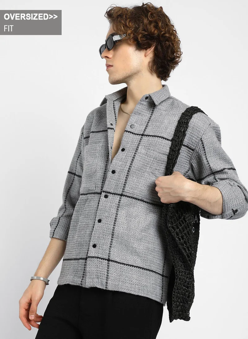 Campus Sutra Men's Moon Grey Graph-Check Waffle Overshirt