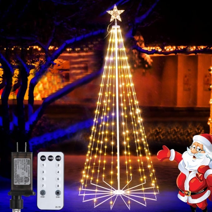 CHRISTMAS CONE TREE LIGHT 7FT 295 LED LIGHT SHOW CHRISTMAS TREE WITH 8 MODES TIMER REMOTE DIMMABLE ARTIFICIAL CHRISTMAS TREE FOR PORCH YARD PATIO INDOOR OUTDOOR XMAS HOLIDAY DECOR WARM WHITE