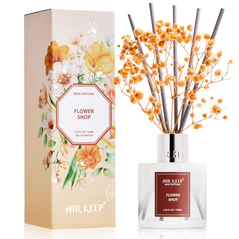 Airkeep Reed Diffuser Set,3.38 fl oz (100 ml) - Flower Shop Oil Diffusers with 8 Reed Sticks, Home Fragrance Reed Diffuser for Bathroom Shelf Decor - Image 1