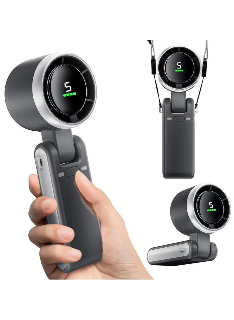 Black Foldable Handheld Turbo Mini Fan 50000RPM 3600mAh 5 Speeds Digital Display USB-C Rechargeable Portable for Travel Camping Outdoor