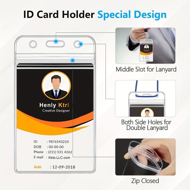 2D 7pcs Transparent Durable Vertical ID Card Holders Reusable With Zipper Closure Dustproof ID Protection Sleeve Quick Release Lanyard And Multi Card Slots Suitable For Medical Cards Bus Passes - Image 3