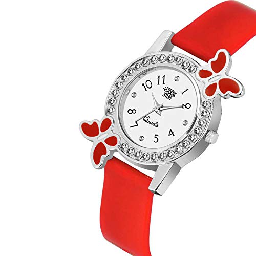 SWADESI STUFF Plastic Analog White Dial Diamond Studded Red Butterfly Watch For Girls & Women, Red Band - Image 2