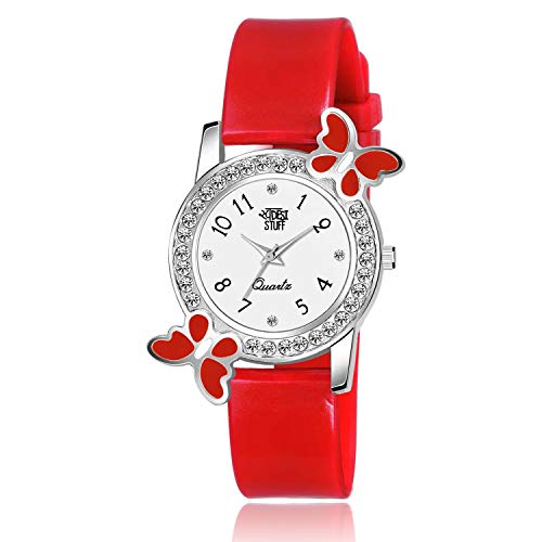 SWADESI STUFF Plastic Analog White Dial Diamond Studded Red Butterfly Watch For Girls & Women, Red Band - Image 1