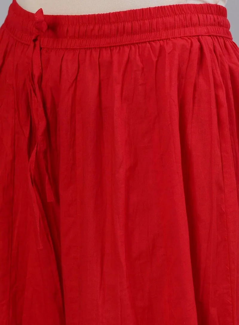 آي شين Women's Red Rayon Embroidered Tunic Full Length Palazzo Straight Fit Kurta Set