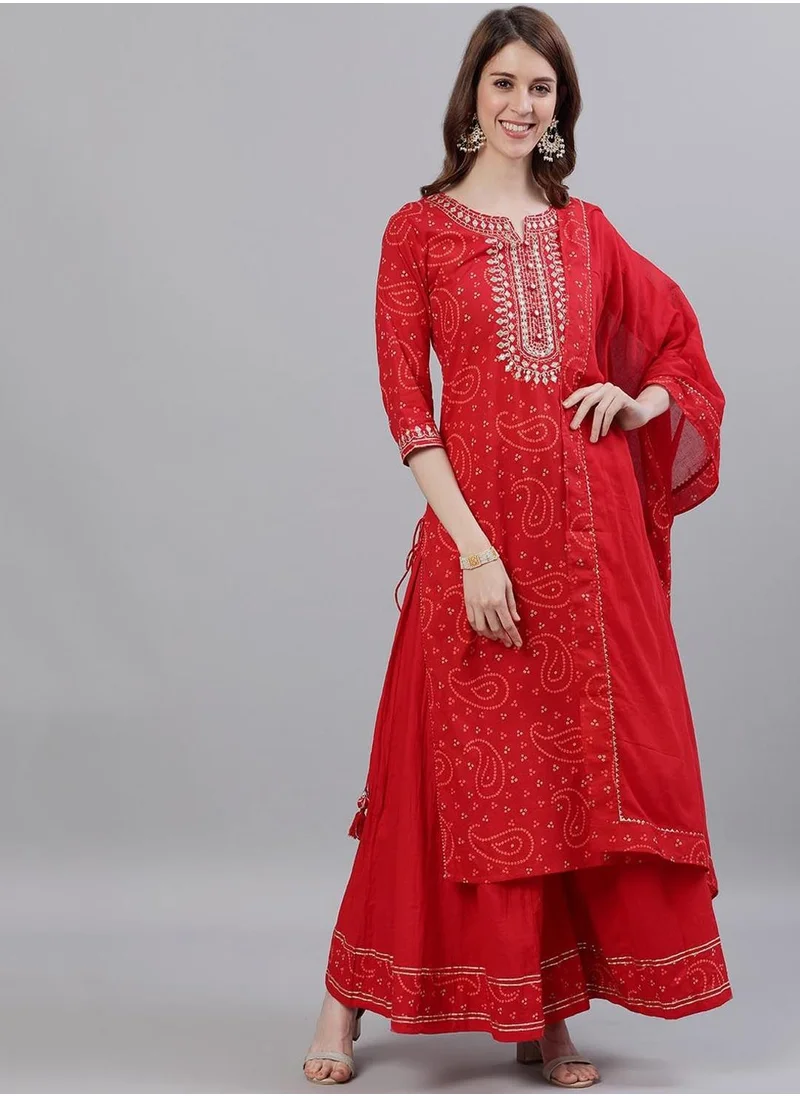 آي شين Women's Red Rayon Embroidered Tunic Full Length Palazzo Straight Fit Kurta Set