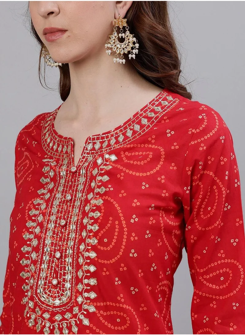 آي شين Women's Red Rayon Embroidered Tunic Full Length Palazzo Straight Fit Kurta Set