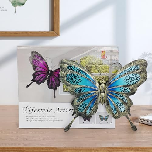 LIFFY Metal Butterfly Outdoor Decor 12"" Hanging Glass Butterflies Wall Decor Garden Art Decorative Ornaments Outside Indoor Home Decor for Living Room Bedroom Patio Fence, Blue - Image 3