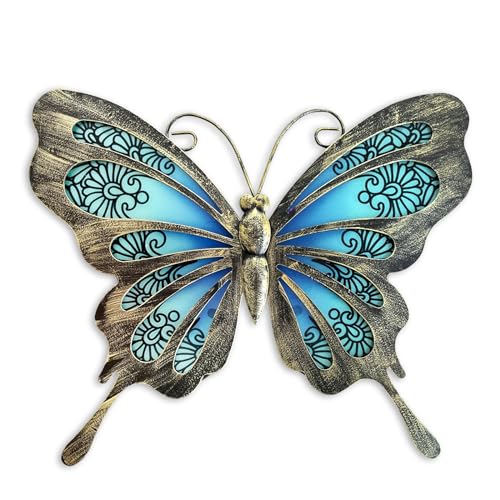 LIFFY Metal Butterfly Outdoor Decor 12"" Hanging Glass Butterflies Wall Decor Garden Art Decorative Ornaments Outside Indoor Home Decor for Living Room Bedroom Patio Fence, Blue - Image 1