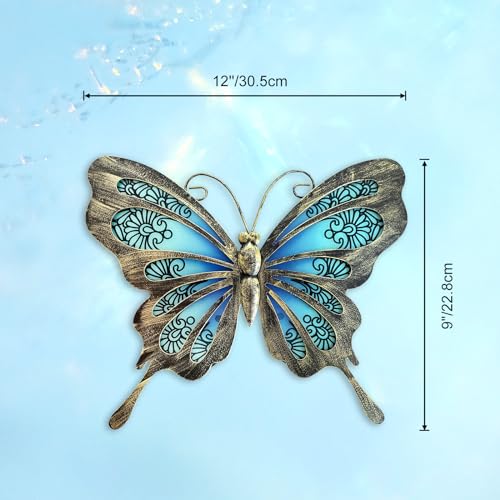LIFFY Metal Butterfly Outdoor Decor 12"" Hanging Glass Butterflies Wall Decor Garden Art Decorative Ornaments Outside Indoor Home Decor for Living Room Bedroom Patio Fence, Blue - Image 2
