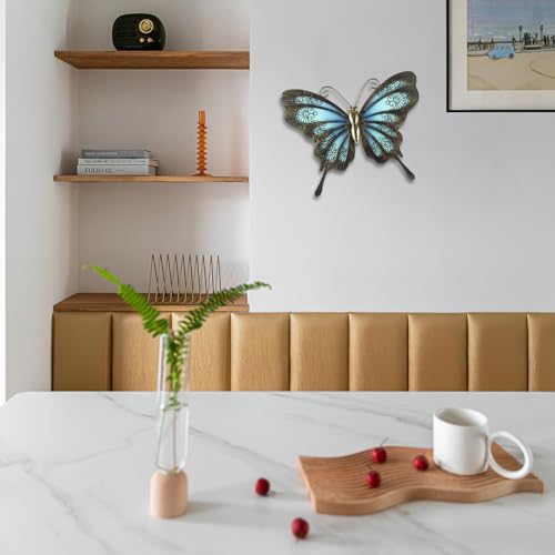 LIFFY Metal Butterfly Outdoor Decor 12"" Hanging Glass Butterflies Wall Decor Garden Art Decorative Ornaments Outside Indoor Home Decor for Living Room Bedroom Patio Fence, Blue - Image 5
