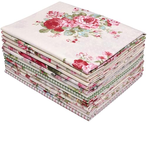 Hanjunzhao 14 Pcs Plaid Vintage Floral Print Fabric Fat Quarters Bundles 18 x 22 Inch Rose Flowers Sewing Fabrics for Quilting Holiday DIY Craft Party Decor Vintage Floral - Image 1