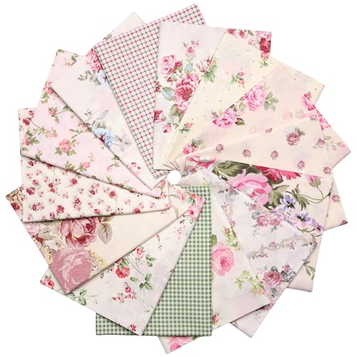 Hanjunzhao 14 Pcs Plaid Vintage Floral Print Fabric Fat Quarters Bundles 18 x 22 Inch Rose Flowers Sewing Fabrics for Quilting Holiday DIY Craft Party Decor Vintage Floral - Image 3
