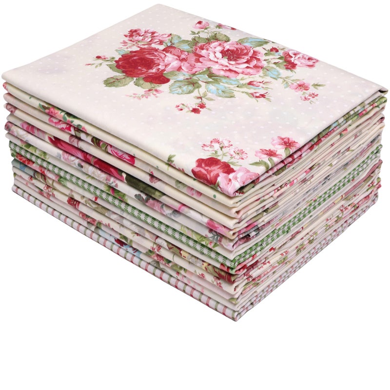 Hanjunzhao 14 Pcs Plaid Vintage Floral Print Fabric Fat Quarters Bundles 18 x 22 Inch Rose Flowers Sewing Fabrics for Quilting Holiday DIY Craft Party Decor Vintage Floral - Image 2