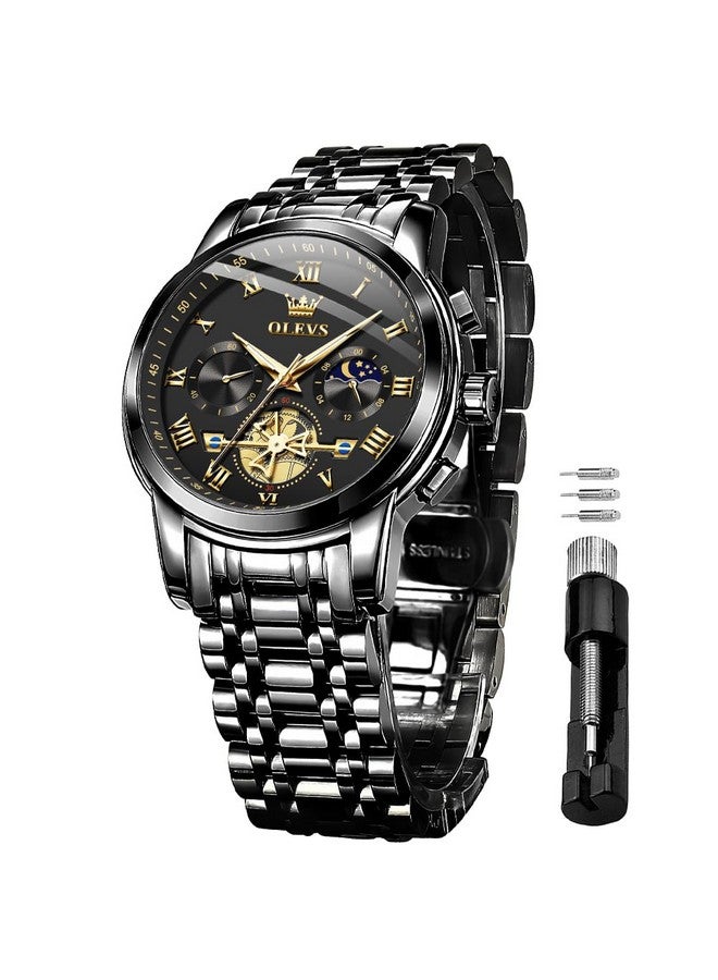 أوليفز ساعات OLEVS للرجال كرونوغراف ساعات يد سوداء للأعمال كوارتز تناظرية بمرحلة القمر من الفولاذ المقاوم للصدأ ساعات رسمية مضيئة مقاومة للماء - Image 1