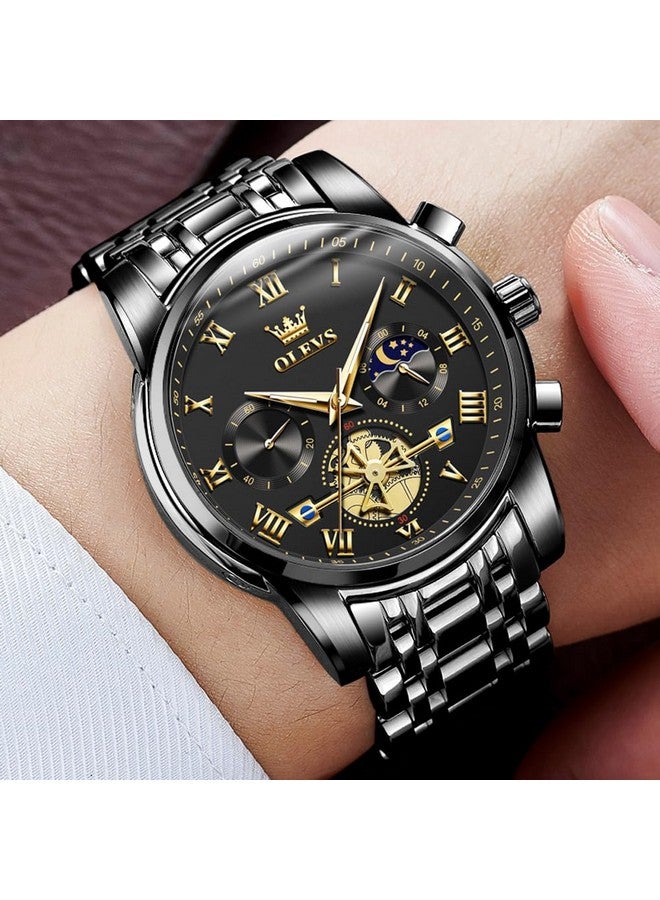 أوليفز ساعات OLEVS للرجال كرونوغراف ساعات يد سوداء للأعمال كوارتز تناظرية بمرحلة القمر من الفولاذ المقاوم للصدأ ساعات رسمية مضيئة مقاومة للماء - Image 4