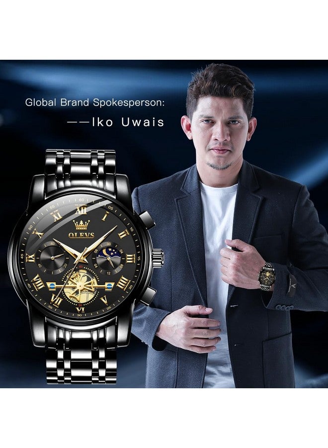 أوليفز ساعات OLEVS للرجال كرونوغراف ساعات يد سوداء للأعمال كوارتز تناظرية بمرحلة القمر من الفولاذ المقاوم للصدأ ساعات رسمية مضيئة مقاومة للماء - Image 2