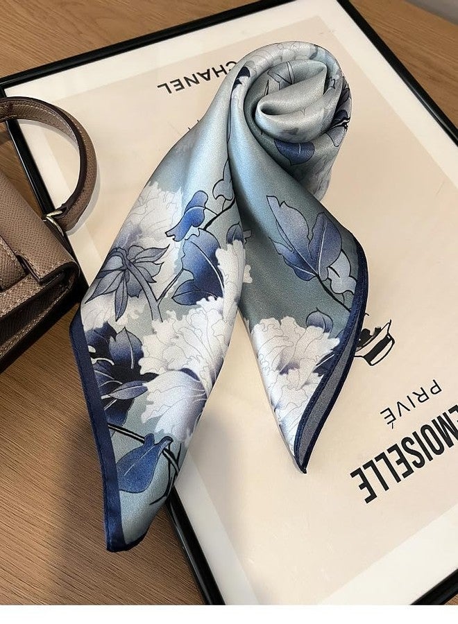 MEISEE Mulberry Silk Scarfs Women Small Square Scarf 21" x 21" Breathable Lightweight Neckerchief Headscarf, Light Blue Peony, 21in - Image 2