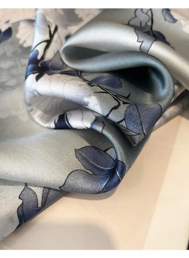 MEISEE Mulberry Silk Scarfs Women Small Square Scarf 21" x 21" Breathable Lightweight Neckerchief Headscarf, Light Blue Peony, 21in - Image 3