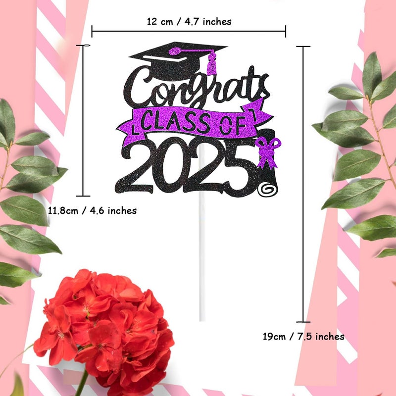 Chewarelly 1 Pack 2025 Class Of cake Topper  Glitter Congrats Grad Cake Decor Graduation Cake Picks for Senior High School College Grad Party Decorations Supplies(Black with Purple) A - Image 2