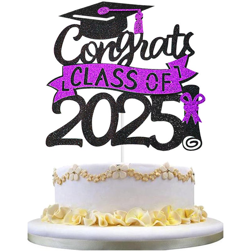 Chewarelly 1 Pack 2025 Class Of cake Topper  Glitter Congrats Grad Cake Decor Graduation Cake Picks for Senior High School College Grad Party Decorations Supplies(Black with Purple) A - Image 1