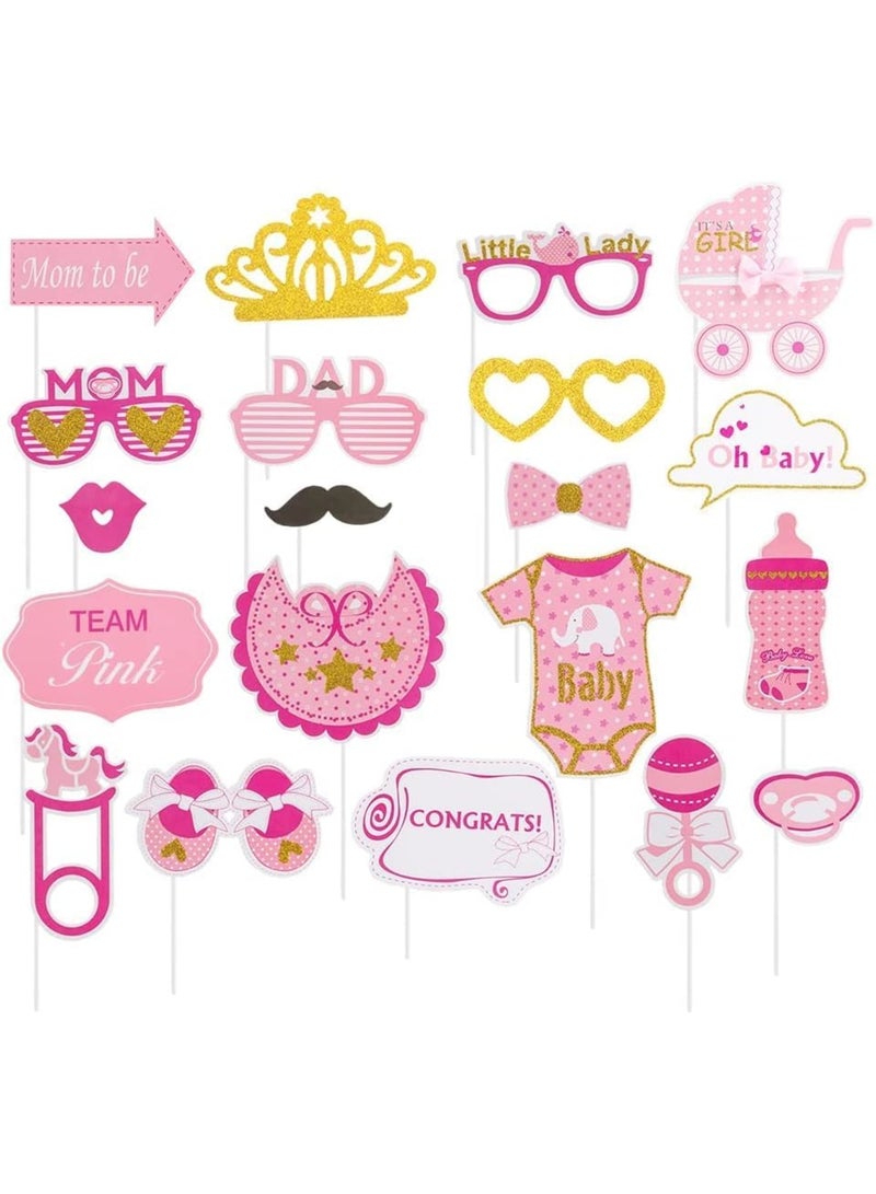 SYOSI Girl Baby Shower Photo Booth Props Pink and Gold Lovely Photobooth Props with Sticks for Baby Shower Accessories, Newborn Girl Gift Party Supplies (20 Pcs,Pink & Gold) - Image 1