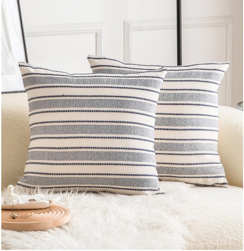 Cethom Decorative Boho Throw Pillow Covers Farmhouse Textured Pillow Case 20 x 20 Inch Set of 2 Chair Sofa Bedroom Living Room Decor Couch Cushion Case Navy Blue and Beige Striped