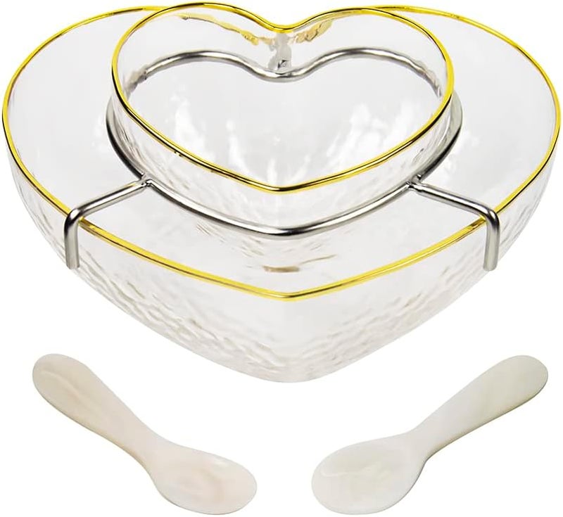 DUEBEL Glass Caviar Dish, Gold-plating Edge Heart Shape Caviar Server Set Plus 2 pcs. x Mother of Pearl Spoon – Caviar Chiller, Shrimp Serving Chiller for Bar, Restaurant, Catering Events - Image 1