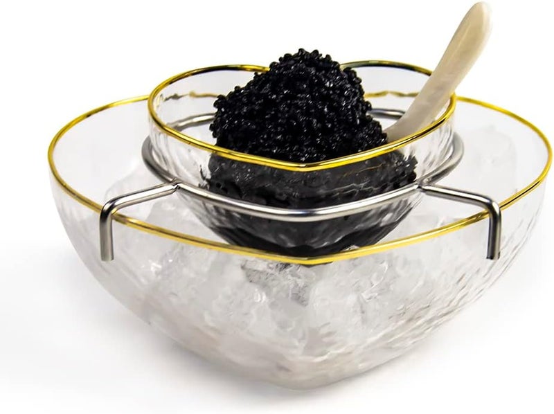 DUEBEL Glass Caviar Dish, Gold-plating Edge Heart Shape Caviar Server Set Plus 2 pcs. x Mother of Pearl Spoon – Caviar Chiller, Shrimp Serving Chiller for Bar, Restaurant, Catering Events - Image 5