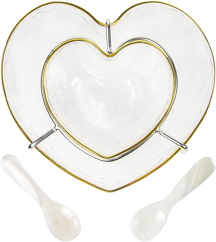 DUEBEL Glass Caviar Dish, Gold-plating Edge Heart Shape Caviar Server Set Plus 2 pcs. x Mother of Pearl Spoon – Caviar Chiller, Shrimp Serving Chiller for Bar, Restaurant, Catering Events - Image 2