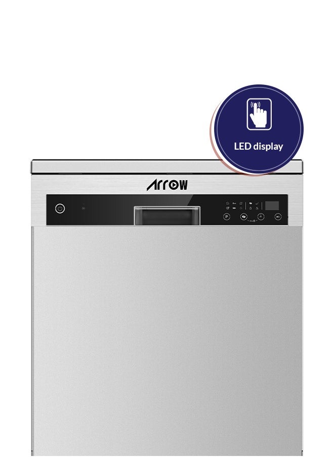 Arrow - 14 Place Settings Dishwasher, 6 Programs, Digital Touch Screen, Electric Rinse Aid Indicator, Child Lock, Stainless Steel Filter, Energy Efficient with Hidden Heating Element | Model: RO-14GDWS - Image 1