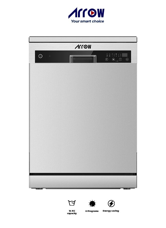 Arrow - 14 Place Settings Dishwasher, 6 Programs, Digital Touch Screen, Electric Rinse Aid Indicator, Child Lock, Stainless Steel Filter, Energy Efficient with Hidden Heating Element | Model: RO-14GDWS - Image 1