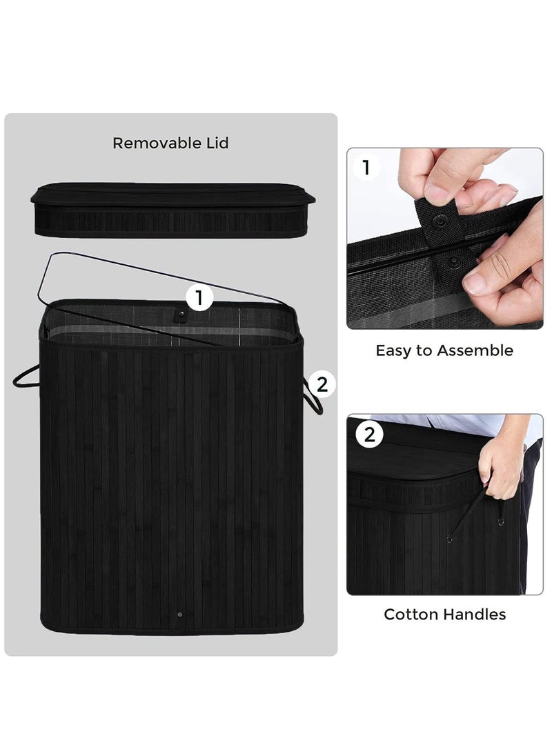Foldable Bamboo Laundry Clothes Basket, Home Storage Organizer, Laundry Hamper and Collapsible Storage Dirty with Lid, Cord Handle, Removable Liner Bag