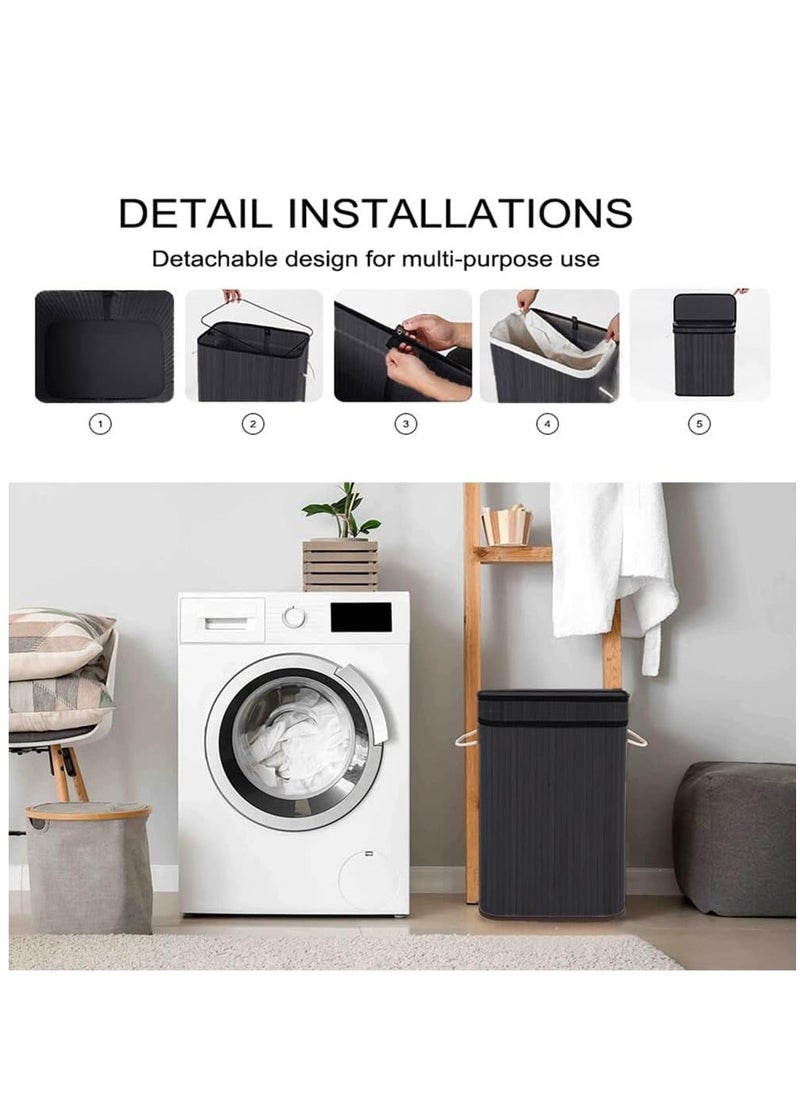 Foldable Bamboo Laundry Clothes Basket, Home Storage Organizer, Laundry Hamper and Collapsible Storage Dirty with Lid, Cord Handle, Removable Liner Bag