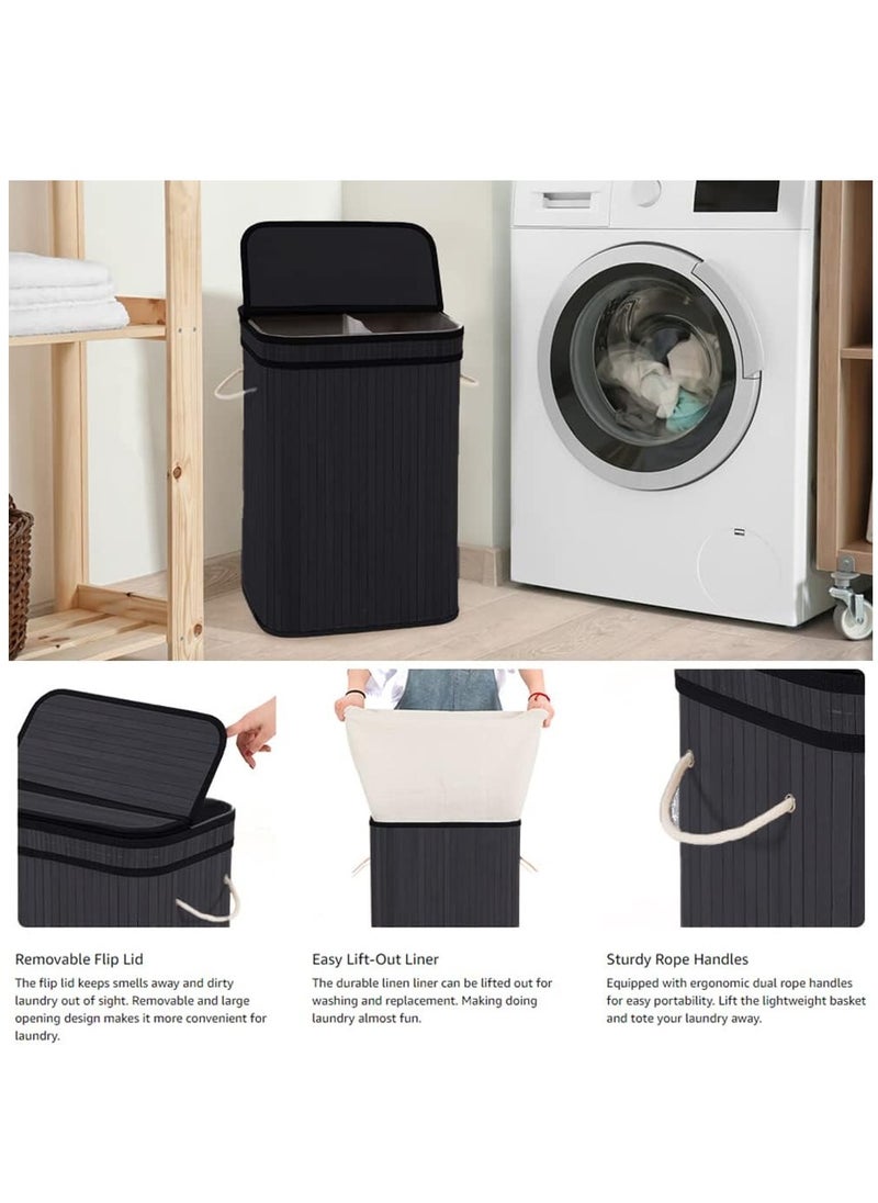 Foldable Bamboo Laundry Clothes Basket, Home Storage Organizer, Laundry Hamper and Collapsible Storage Dirty with Lid, Cord Handle, Removable Liner Bag