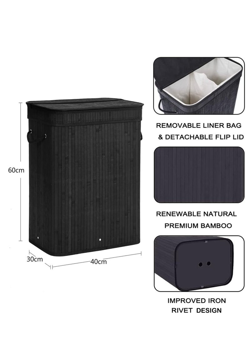 Foldable Bamboo Laundry Clothes Basket, Home Storage Organizer, Laundry Hamper and Collapsible Storage Dirty with Lid, Cord Handle, Removable Liner Bag