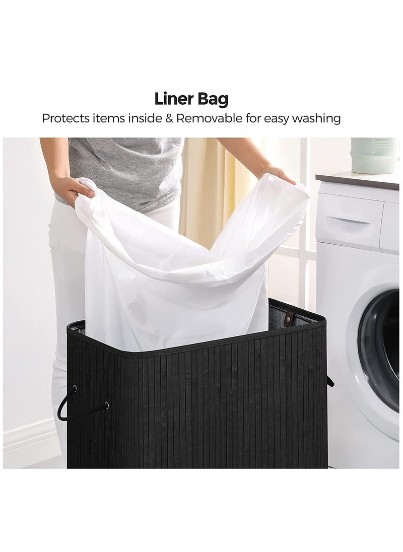 Foldable Bamboo Laundry Clothes Basket, Home Storage Organizer, Laundry Hamper and Collapsible Storage Dirty with Lid, Cord Handle, Removable Liner Bag