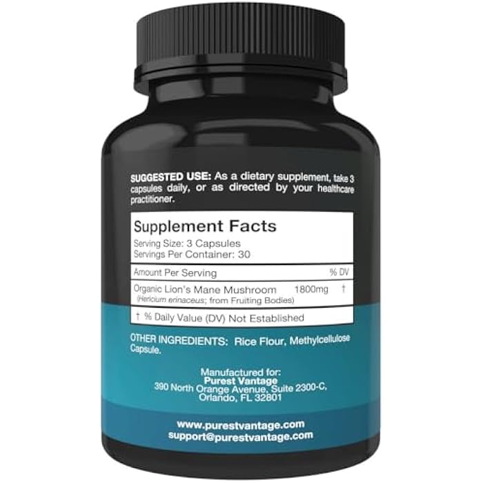 Purest vantage Lions Mane Mushroom Capsules - 1800mg Lion's Mane Mushroom Supplement Grown in USA - Nootropic Brain Supplement and Immune Support - 90 Veggie Caps - Image 2