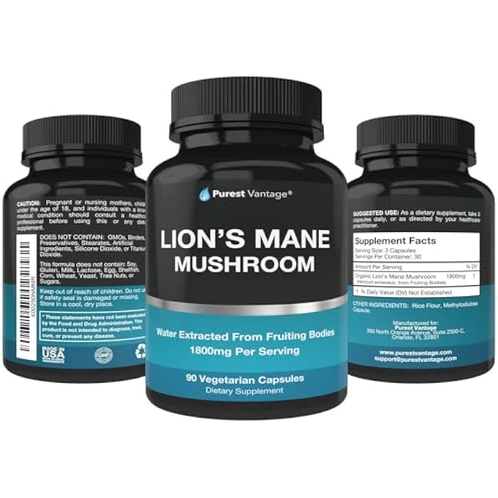 Purest vantage Lions Mane Mushroom Capsules - 1800mg Lion's Mane Mushroom Supplement Grown in USA - Nootropic Brain Supplement and Immune Support - 90 Veggie Caps - Image 4