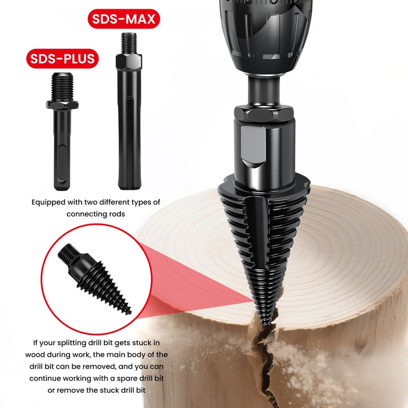 REKCKRUL 6pcs Premium Firewood Log Splitter Drill Bit Set with Detachable Design, 50mm Heavy Duty Wood Splitting Screw Cone - 2 Replaceable Drill bits & Gloves, for Electric Drill, Kindling Splitter - Image 3
