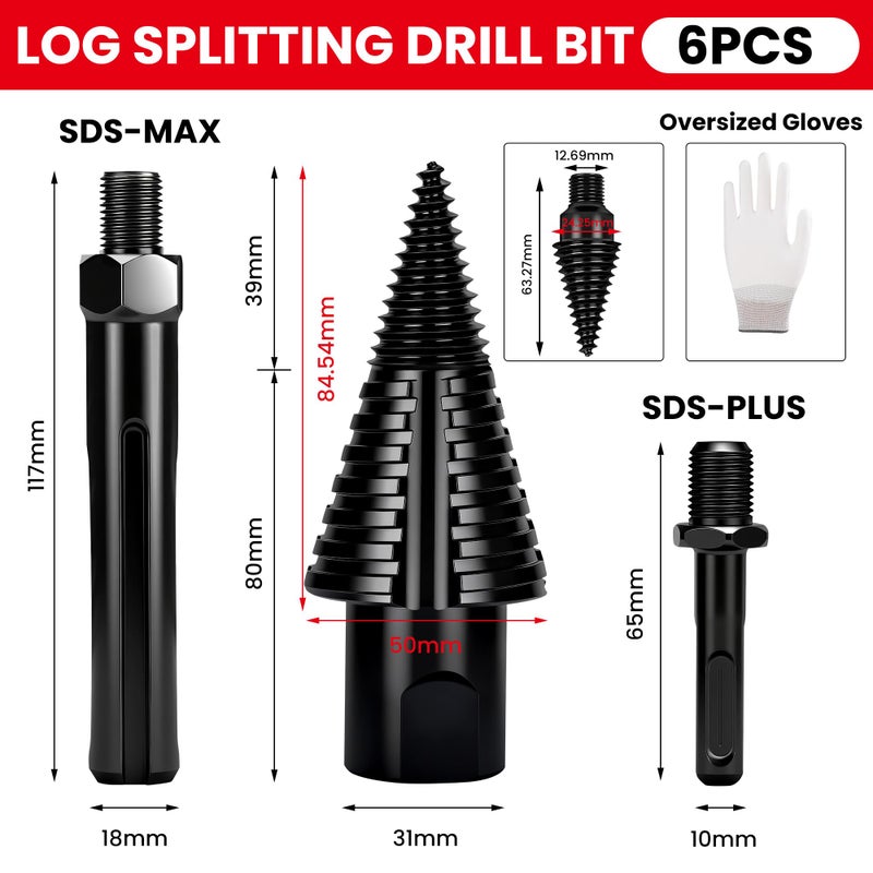 REKCKRUL 6pcs Premium Firewood Log Splitter Drill Bit Set with Detachable Design, 50mm Heavy Duty Wood Splitting Screw Cone - 2 Replaceable Drill bits & Gloves, for Electric Drill, Kindling Splitter - Image 2