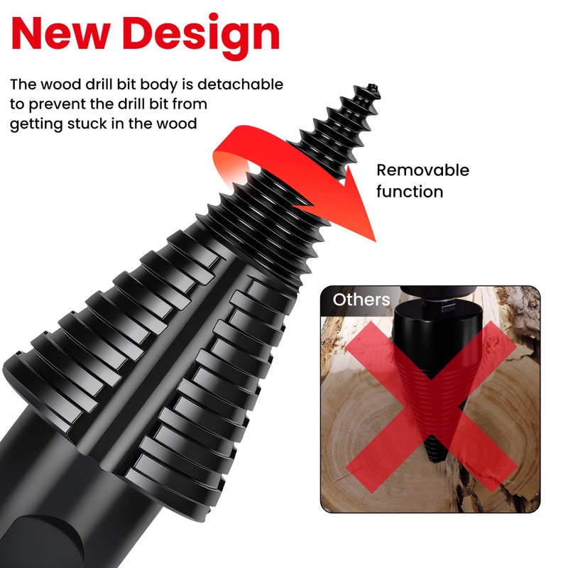 REKCKRUL 6pcs Premium Firewood Log Splitter Drill Bit Set with Detachable Design, 50mm Heavy Duty Wood Splitting Screw Cone - 2 Replaceable Drill bits & Gloves, for Electric Drill, Kindling Splitter - Image 4