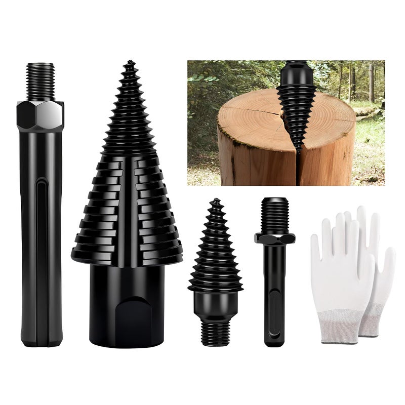 REKCKRUL 6pcs Premium Firewood Log Splitter Drill Bit Set with Detachable Design, 50mm Heavy Duty Wood Splitting Screw Cone - 2 Replaceable Drill bits & Gloves, for Electric Drill, Kindling Splitter - Image 1
